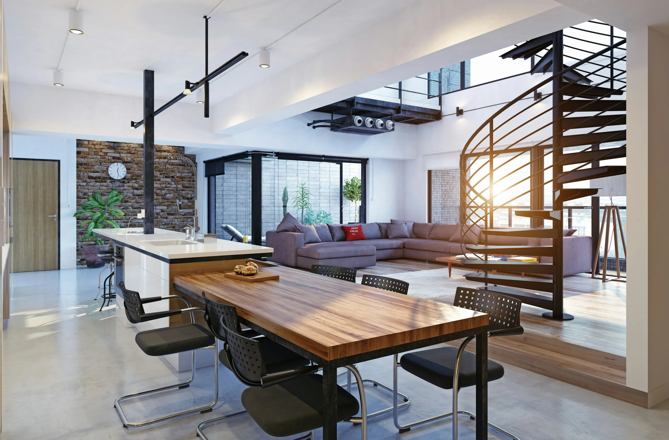 Loft luminoso y abierto con escalera de caracol, isla de cocina y comedor